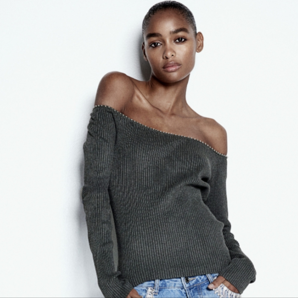 H&M Gray Bead Detail Off The Shoulder Long Sleeve Top